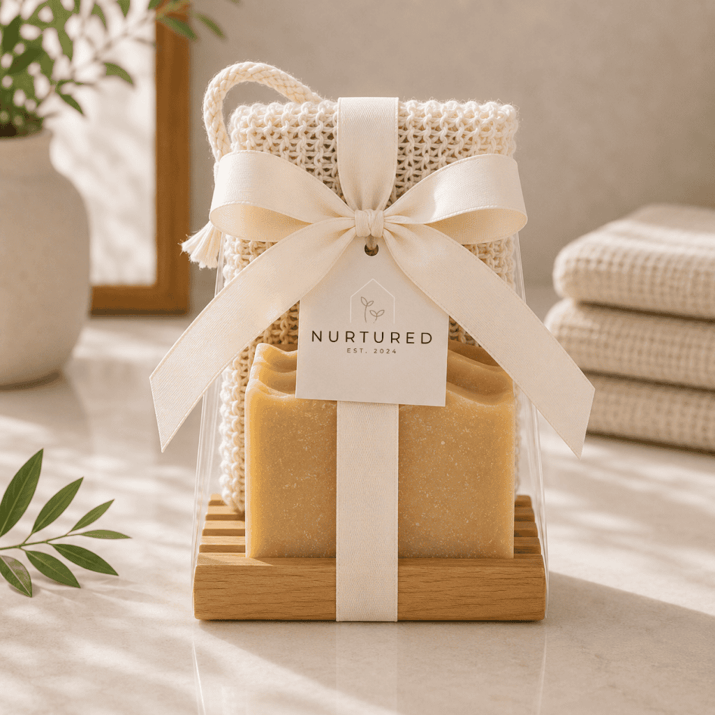 Luxury spa-inspired bath gift set featuring Honey + Oat artisan soap, a handcrafted red alder wood soap dish, and a natural sisal soap saver pouch wrapped with an elegant cream ribbon by Nurtured.