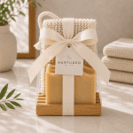 Luxury spa-inspired bath gift set featuring Honey + Oat artisan soap, a handcrafted red alder wood soap dish, and a natural sisal soap saver pouch wrapped with an elegant cream ribbon by Nurtured.