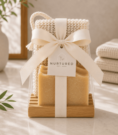 Luxury spa-inspired bath gift set featuring Honey + Oat artisan soap, a handcrafted red alder wood soap dish, and a natural sisal soap saver pouch wrapped with an elegant cream ribbon by Nurtured.