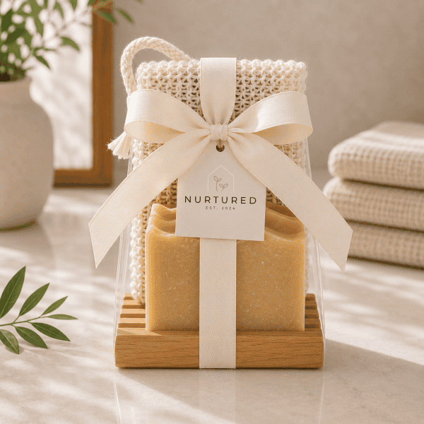 Luxury spa-inspired bath gift set featuring Honey + Oat artisan soap, a handcrafted red alder wood soap dish, and a natural sisal soap saver pouch wrapped with an elegant cream ribbon by Nurtured.