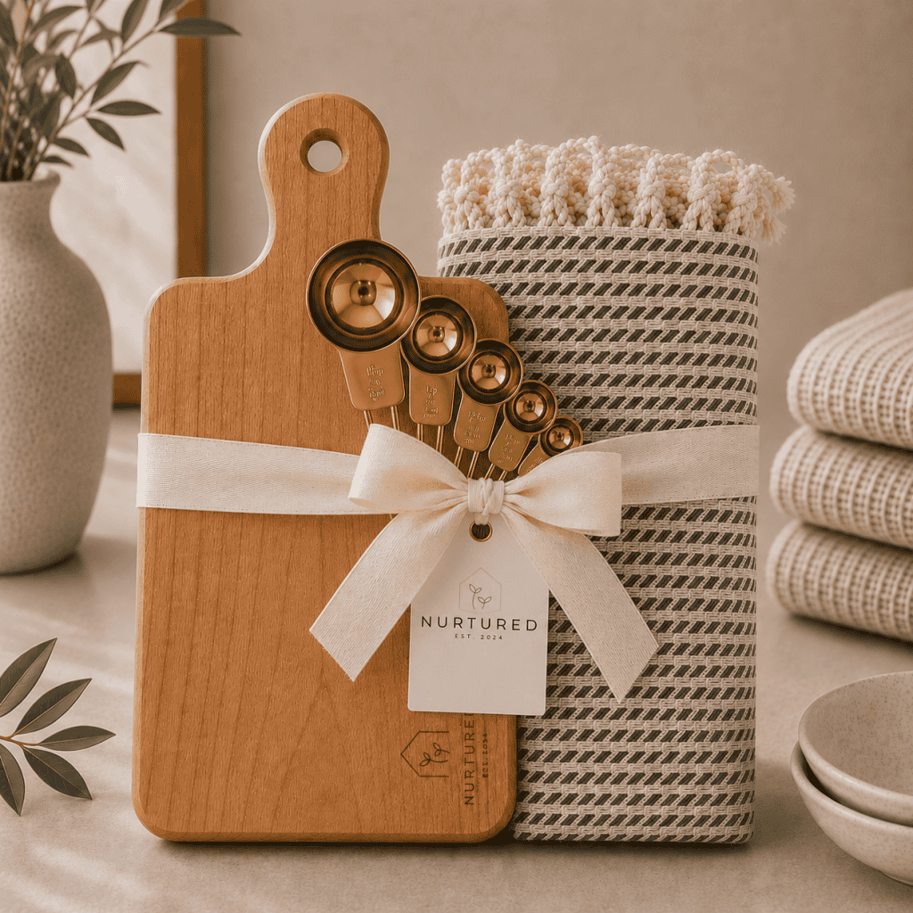 Luxury kitchen gift set featuring a Canadian maple cutting board, organic Turkish hand towel, and stainless steel measuring spoons styled in a warm neutral inspired setting.