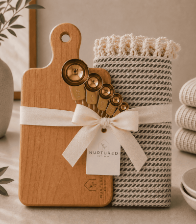 Luxury kitchen gift set featuring a Canadian maple cutting board, organic Turkish hand towel, and stainless steel measuring spoons styled in a warm neutral inspired setting.
