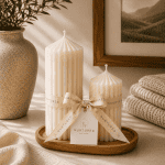 Two neutral ribbed soy pillar candles displayed on a natural wood tray with Nurtured ribbon and logo tag in a warm minimalist home setting.