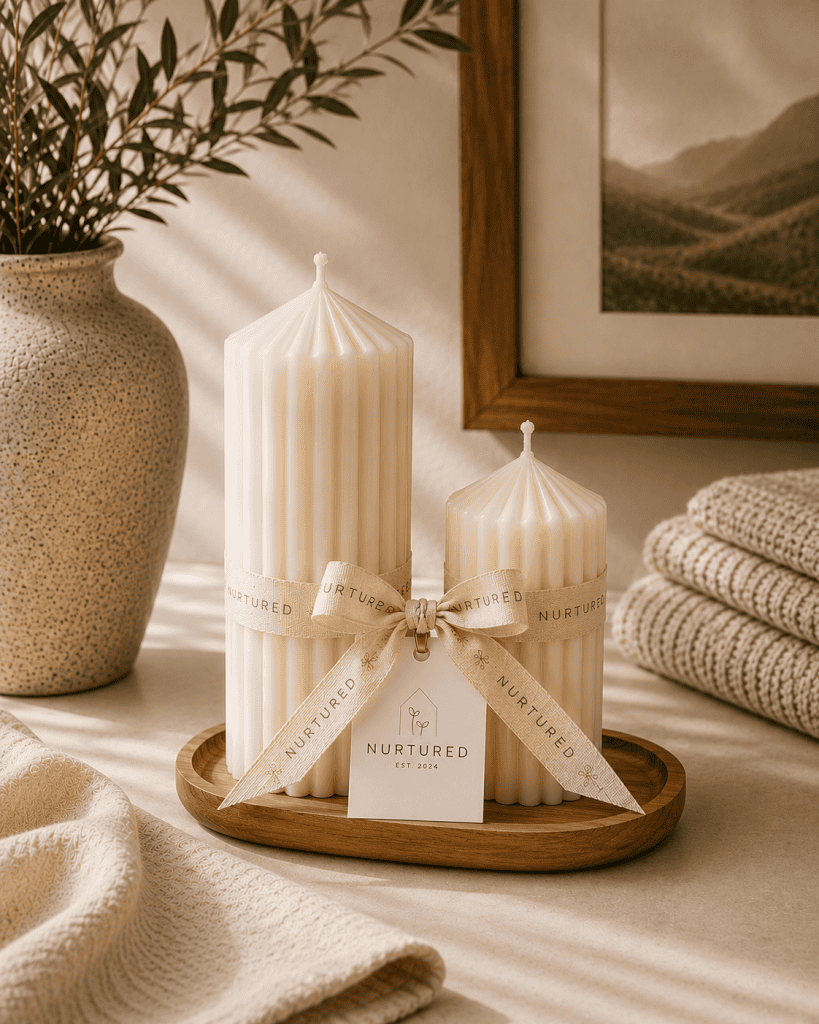 Two neutral ribbed soy pillar candles displayed on a natural wood tray with Nurtured ribbon and logo tag in a warm minimalist home setting.