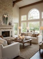 A cozy living room with large arched windows, neutral-toned furniture, and a stone fireplace, creati.
