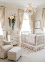 Soft, elegant nursery with white furniture, floral decor, and natural light, perfect for a nurturing.