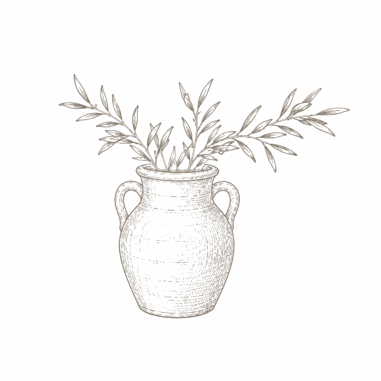Minimalist hand-drawn vase with olive branches in soft neutral tones on a light background, designed for Nurtured home and lifestyle branding.