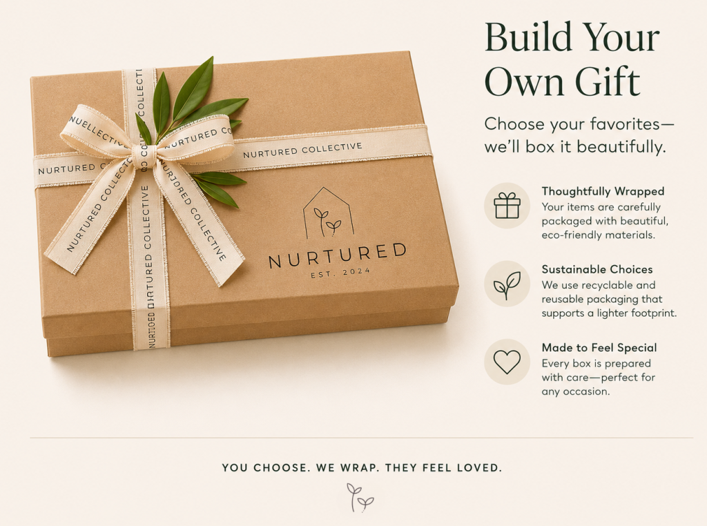 Nurtured signature gift wrapping service featuring a premium keepsake gift box with ribbon and botanical accents for beautifully packaging your selected gifts.