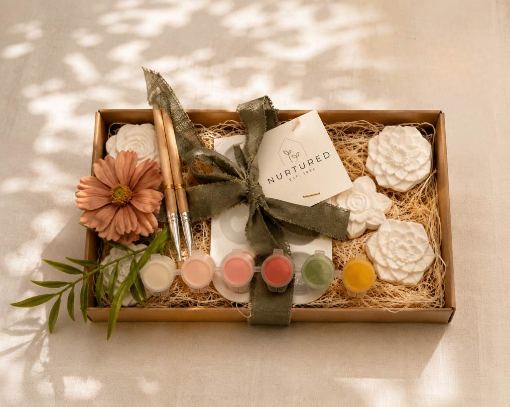 Children's Paint Kit with ceramic wildflower craft pieces, paint set, and paintbrushes beautifully packaged for creative, screen-free play.