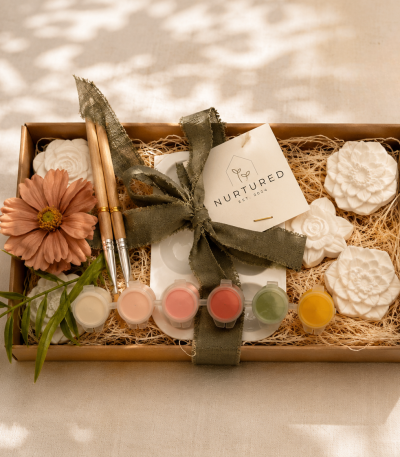 Children's Paint Kit with ceramic wildflower craft pieces, paint set, and paintbrushes beautifully packaged for creative, screen-free play.