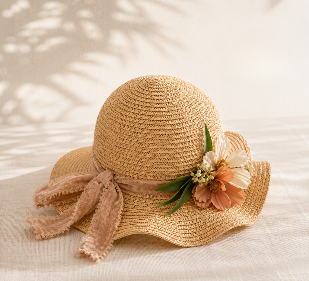 Toddler Sun Hat with a vintage floral accent, soft blush ribbon, and wide brim for stylish sun protection and everyday outdoor adventures.
