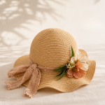 Toddler Sun Hat with a vintage floral accent, soft blush ribbon, and wide brim for stylish sun protection and everyday outdoor adventures.