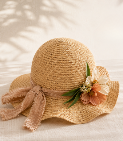 Toddler Sun Hat with a vintage floral accent, soft blush ribbon, and wide brim for stylish sun protection and everyday outdoor adventures.