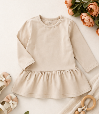 Organic cotton long sleeve baby dress with gathered skirt in a soft neutral cream color.