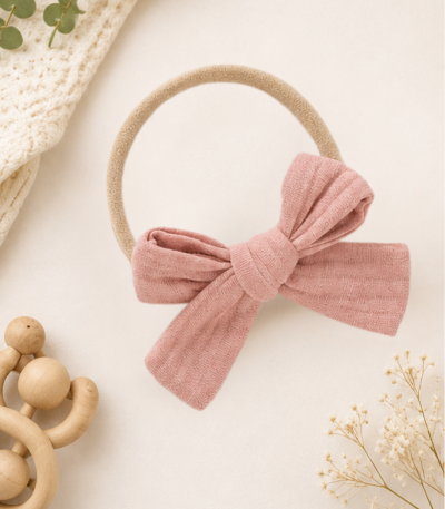 Willow Bow Organic Cotton Baby Headband in Blush Petal with soft muslin bow and comfortable stretch band