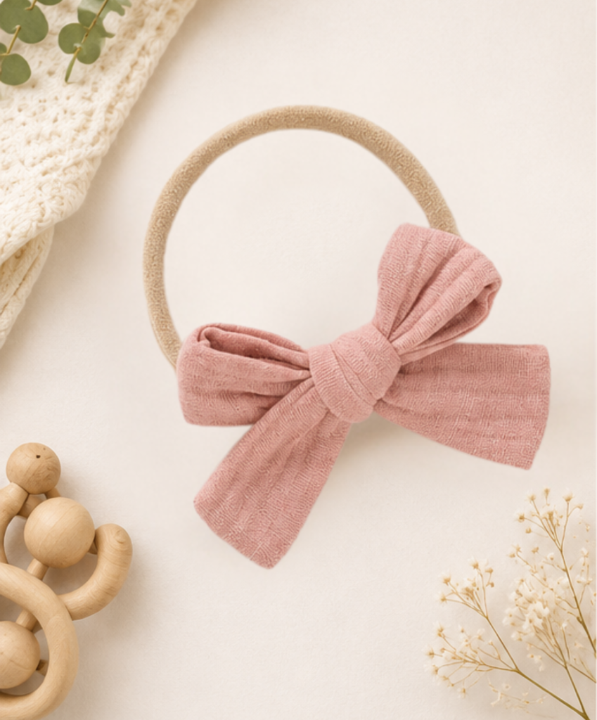 Willow Bow Organic Cotton Baby Headband in Blush Petal with soft muslin bow and comfortable stretch band